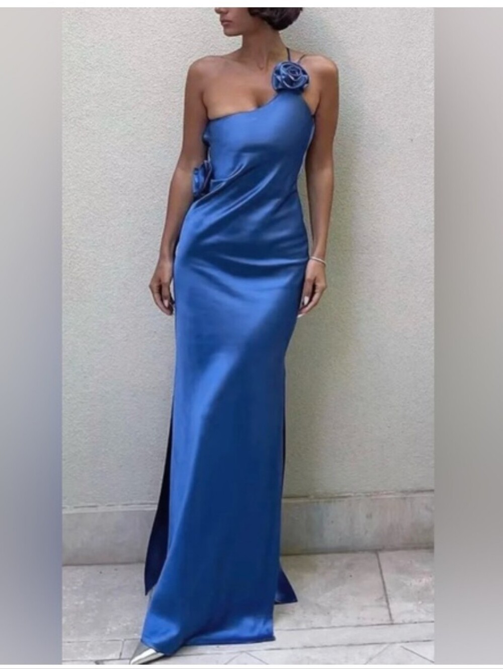 COMMENSE BLUE SATIN OPEN BACK MAXI STRAPS  DRESS ROSE DETAIL WOMENS SZ XL